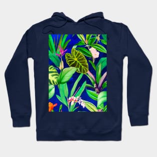 Stylish Tropical floral leaves and foliage botanical illustration, botanical pattern, tropical plants, blue leaves pattern over a Hoodie